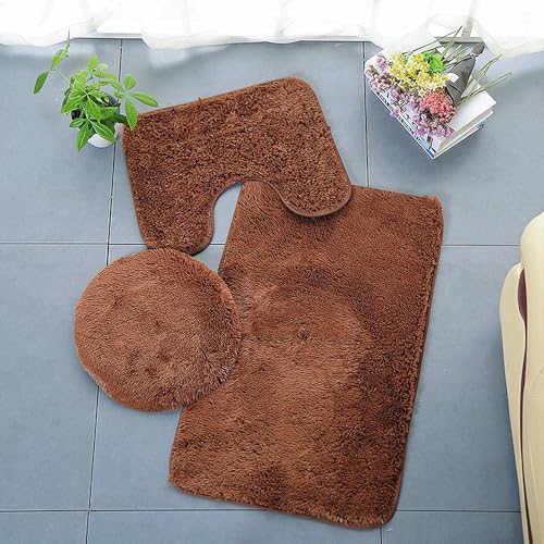 Soft Bathroom Carpet 3 Piece Bathroom Rugs and Mats Set Bath Mats Set with U-Shaped Toilet Floor Mat Rugs andToilet Lid Cover Mat (Brown) - color: Brown