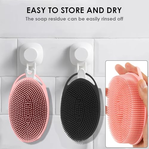 Silicone Body Scrubber – Dual-Sided Silicone Loofah for Shower, Set of 2 Soft Exfoliating Body Bath Shower Scrubber Loofah Brush Easy-to-Clean for Sensitive Kids Women Men All Kinds of Skin - color: Pink and Black