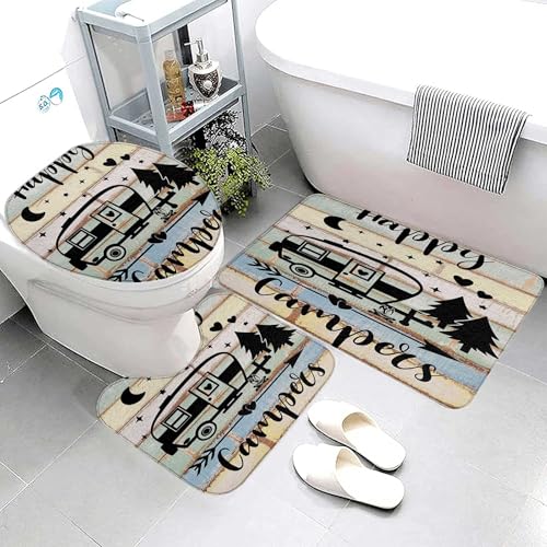 Camper RV Bath Mat Set, Happy Camper Accessories for Travel Trailers, Farmhouse Camping Bathroom Set With Rug and Toilet Lid Cover