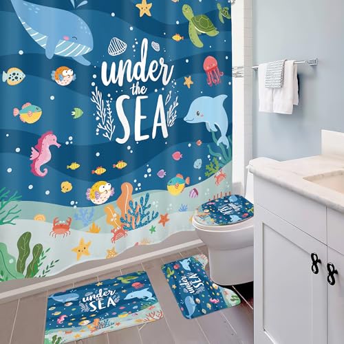 4 PCS Kids Shower Curtain Set 72Wx72H Ocean Bathroom Set Underwater Summer Kid Fish Cute Whale Sea Animal Funny Bath Rug Toilet Lid Cover U Shape Mat Accessories 12 Hooks Bathroom Decors - color: B 01blue, size: 72"W x 72"L (Pack of 4)