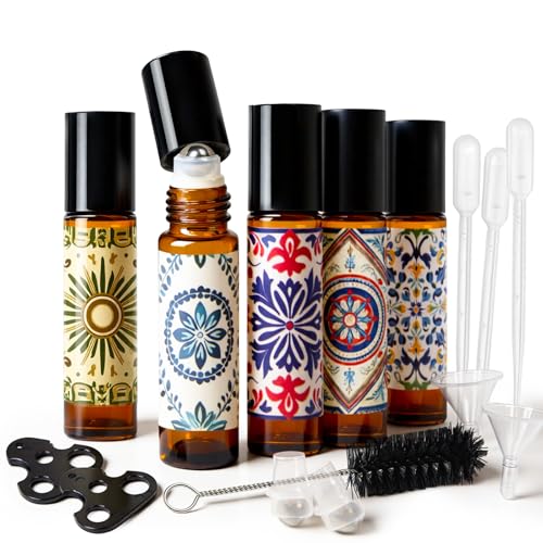 Roll On Bottles 5 Pack Glass Roller Bottles for Essential Oils 10ml Amber | Empty Rollerball Bottle Thick Glass with Oil Perfume Lip Gloss DIY Kits Boho Stickers, Leak-Proof Refillable for Travel Gift - color: Amber, size: 5 Pack