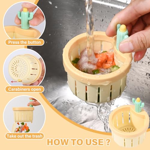 Upgraded Automatic Pressing Sink Filter, Cactus Sink Strainer, Kitchen Waste Collector Filter, Kitchen Accessories Sink Drain Stopper, and Cleaning Brush (1, Yellow)