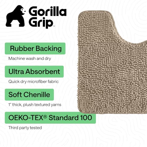 GORILLA GRIP Bathroom Rug Sets 3 Piece, Bath Mat Set and Oval Toilet Base with Rubber Backing, Plush Absorbent Shaggy Chenille Washable Mats, Includes 24x19.5, 24x17 and 30x20 Inch Rugs, Gray Beige - color: Gray Beige, style: 24"x19.5" + 24"x17" + 30"x20"