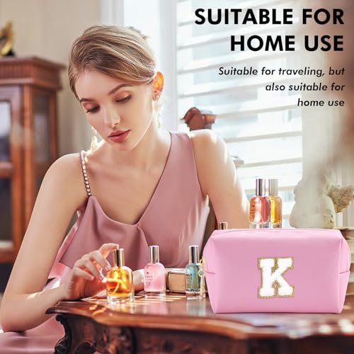 URSKYTOUS Initial Preppy Makeup Bag Travel Small Cosmetic Bag Cute Pink Personalized Preppy Makeup Pouch Zippered PU Toiletry Bag Christmas Birthday Gifts for Women Mom Teacher Friends(K) - color: Pink, size: K