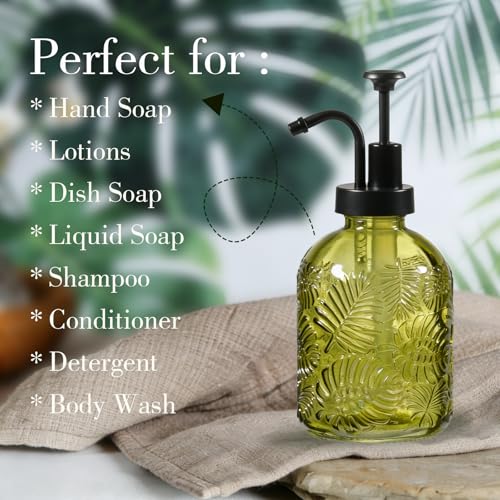 11.8Oz Vintage Glass Bathroom Soap Dispensers with Black Pump, Refillable Kitchen Dish Soap Dispenser with Embossed Leaf, Modern Farmhouse Hand Soap Liquid Bottle -2 Pack(Sage Green) - color: Sage Green/Black, size: 2Pack