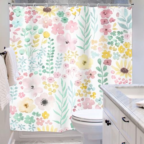 Riyidecor Sage Green Floral Shower Curtain for Bathroom Decor 72Wx72H Cute Boho Watercolor Plants Spring Girly Women Colorful Art Printed Fabric Polyester Waterproof 12 Pack Plastic Hook - color: G-green, size: 72"W x 72"L (Pack of 1)