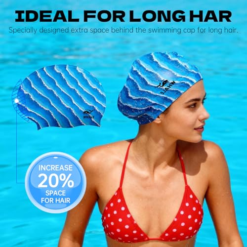 WHALE Extra Large Swim Cap Designed for Men and Women with Thick, Long Hair, Hair Extensions Or Afro-Textured Hair Long-Hair Swim Cap Highly Waterproof to Keep Hair Dry - color: Wave-patterned