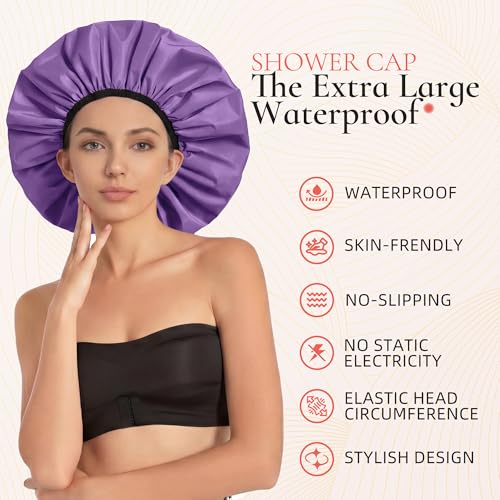 Extra Large Shower Cap for Women, Reusable Waterproof Shower Bonnet with Satin Lining, Double Layer Washable Bath Hair Cap for Braids, Locs, Long Thick Curly Hair, Natural Hair(Big Lavender) - color: Lavender