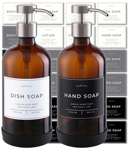 Hand and Dish Soap Dispenser for Kitchen and Bathroom, Set of 2 16 Oz Glass Bottles, Stainless Steel Pumps, Non-Slip Silicone Base, 27 Waterproof Labels (Amber Bottle/Brushed Silver Pump) - color: Amber Bottle / Brushed Silver Pump