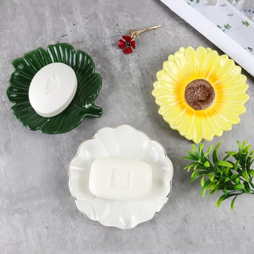 Elegant Bathroom Soap Dish,Ceramic Soap Dish Holder in Palm Leaf Style,Self-Draining Design for Bathroom - color: Green
