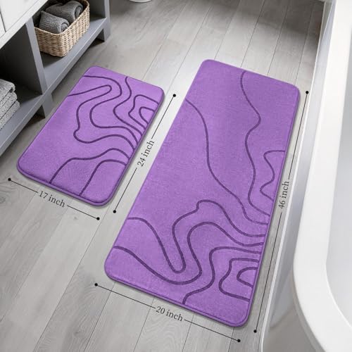 YIHOUSE Memory Foam Bathroom Rugs Sets 2 Piece - Extra Thick Ultra Soft Absorbent Bath Mat Set, Non-Slip Machine Washable Bath Rugs for Bathroom, Tub & Shower, Home Decor (17"x24"+20"x46", Purple) - color: Purple, size: 1'5" x 3'10" (17"x24"+20"x46")
