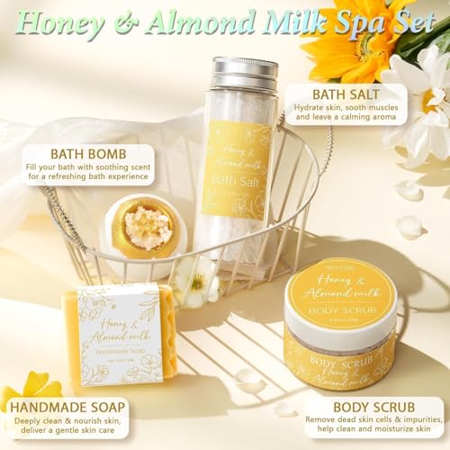 Spa Gifts for Women Bath Gift Set, Honey & Almond Milk Spa Gift Baskets Home Bath Self Care Kit Care Package Thank You Birthday Mothers Day Easter Gifts for Women Mom Her Friends Sister Teen Girl Wife - color: Yellow-Honey & Almond Milk