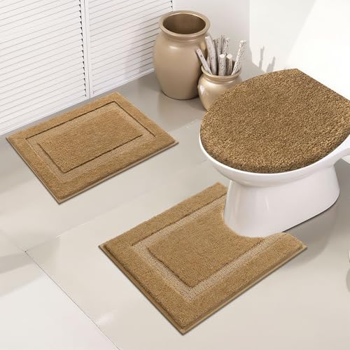 SHACOS Microfiber Bathroom Rugs Set of 3 with Toilet Lid Cover Non Slip | Washable Bath Mat Absorbent Bathroom Carpet 16"x24"+U Shape Toilet Rug 20"x24"+Toilet Lid Cover 19"x21", Mustard - color: Mustard, size: 16"x24"+U-Shape 20"x24"+Lid Cover 19"x21"