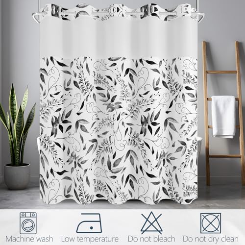 No Hook Shower Curtain with Snap in Fabric Liner Set, Waterproof & Washable, Boho Black and White Leaf Shower Curtains for Bathroom, Modern Farmhouse Rustic Bathroom Curtain, House Gift, 71x74 inch - color: Black and White Leaf