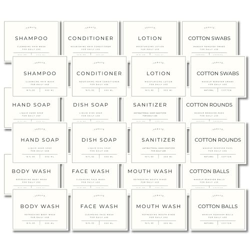 Verute Waterproof Labels for Amber Glass Soap Dispenser and Plastic Bottles 3.15"x2.35" Peel & Stick - Kitchen, Bathroom & Shower Set - 24 Pieces (White) - color: White