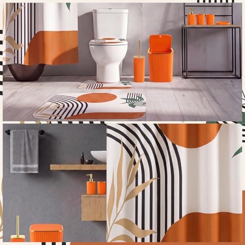 Patelai 10 Pcs Boho Mid Century Bathroom Accessories Set Orange Shower Curtain and Rugs Modern Minimalist Farmhouse Bathroom Decor Trash Can Soap Dish Toilet Lid Cover Toothbrush Holder Cup for Home - color: Orange, style: Boho