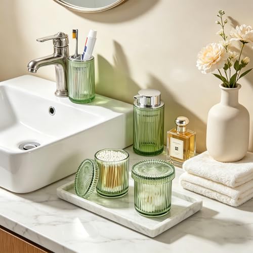 4pcs Glass Bathroom Accessories Set, Foaming Soap Dispenser, Toothbrush Holder and Cotton Swab Jar for Bathroom Counter Organizer Essentials, Vintage Ribbed Bathroom Decor, Green - color: Green and Silver