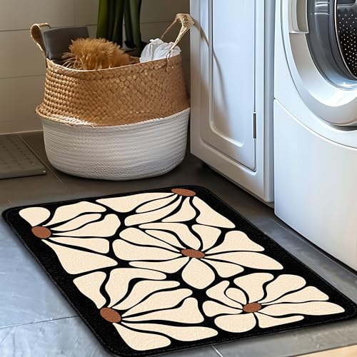 Boho Black and Beige Bath Mat | Black Floral Bathroom Rugs, Non Slip, 16x24 - color: Abtract Floral