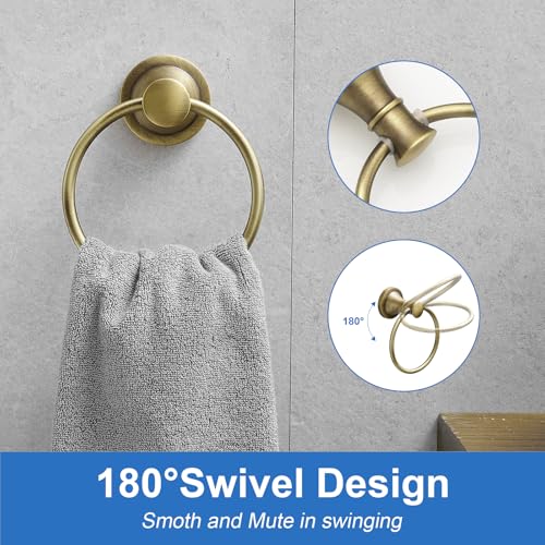 RUMOSE Toilet Paper Holder and Hand Towel Ring Antique Brass Wall Mount Bathroom Hardware Accessories 2 PCS Set Flexible Pivoting Toilet Tissue Roll Holder and Towel Hanger, Stainless Steel - color: Antique Brass