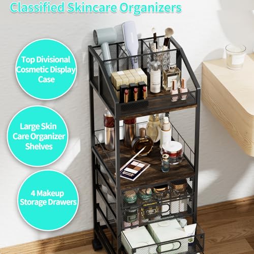 HapiRm Makeup Organizer Storage Cart - Floor Skincare Make Up Storage with 4 Drawers, Rolling Makeup Cart Vanity Organizer Cosmetics Display Cases Holder for Skin Care Perfume Nail Polish - color: Espresso
