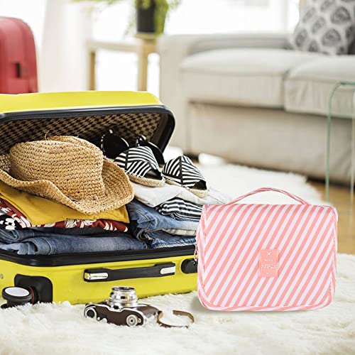 Pengxiaomei Hanging Toiletry Bag, Pink Striped Waterproof Cosmetic Bag Portable Makeup Pouch Pink Stripe Travel Bag with Handle for Kids Teen Girls Tea Party - color: Pink