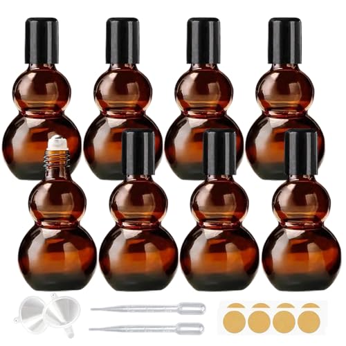 Essential Oil Roller Bottles, 30ml Amber Gourd Shaped Glass Roller Bottles with Stainless Steel Roller Ball, for Travel,Perfume (Amber-Black Cap, 30ML) - color: Amber-Black Cap, size: 30ML