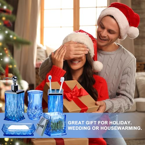 Bathroom Accessories Set,5 Pcs Blue Glass Bathroom Accessory Set,Complete Lotion Soap Dispenser, Toothbrush Holder,Soap Dish,Tumbler & Jar,Modern Bathroom Decor Sets Gift,Square - style: Square(Blue)