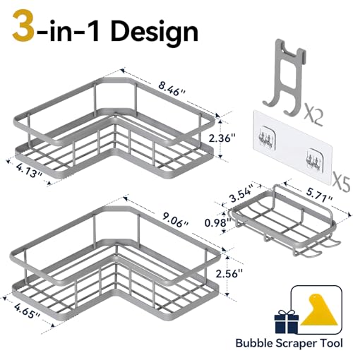 YASONIC Corner Shower Caddy Adhesive, 100% Rustproof Shower Organizer with Soap Holder, No Drill Shower Shelf for Inside Shower, Wall-Mounted Shower Storage for Homes (3 Pack, Grey) - color: Grey
