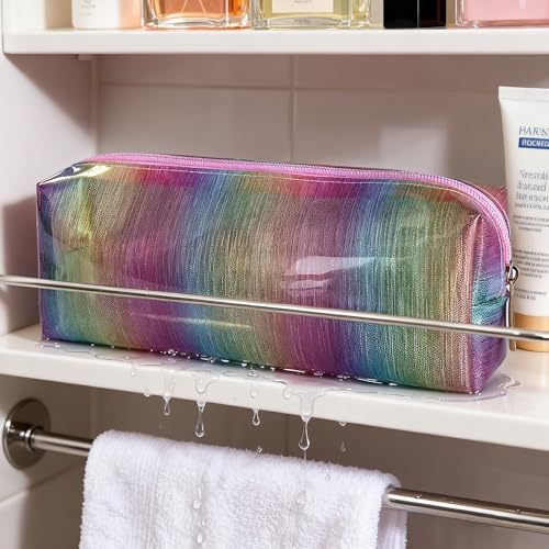 Waterproof Makeup Bag,10 x 3.5x 2 inch Iridescent TPU Travel Toiletry Bag with Handle for Women & Men, Portable Cosmetic Pouch for Gym Swim Beach (A250030-536-1) - color: A250030-536-1