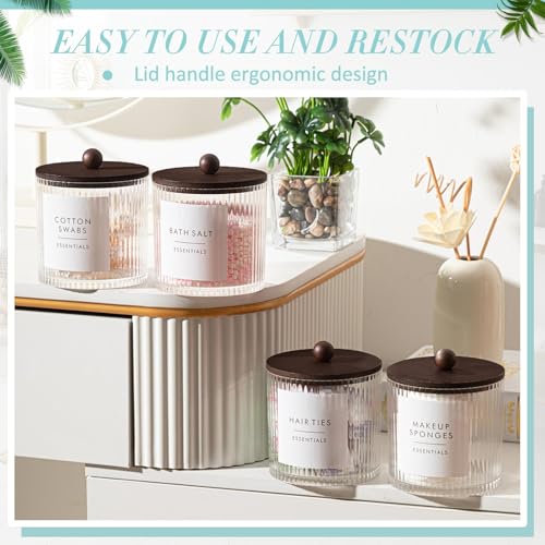 Yaomiao 6 Pcs Ribbed Bathroom Canisters Apothecary Jars with Brown Bamboo Lids and Label Stickers, 18 oz Plastic Canister with Fluted Design for Cotton Ball, Swab, Floss Picks House Storage - color: Brown