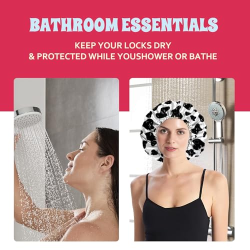 Luxury Shower Cap Satin Lined Reusable Waterproof Double Layer Elastic Adjustable Hair Bath Cap Cute Aesthetic Women Girls-Cow Leopard - color: F9-Cow Leopard