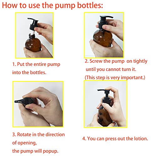 4 Pack 16 oz Amber Glass Bottles with Pumps for Shampoo, Essential Oils, Cleaning Products, Lotions, Aromatherapy Oil, Pump Bottles, Refillable Containers with Cap, 8 Chalk Labels, 1 Pen - size: 16 oz Amber 4Pack
