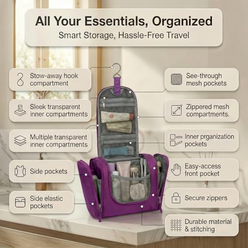 Bago Travel Toiletry Bag for Women and Men X-Large Waterproof Hanging Large Toiletry Bag for Bathroom and Travel Bag for Toiletries Organizer -Travel Makeup Bag (Purple) - color: Purple, size: X-Large