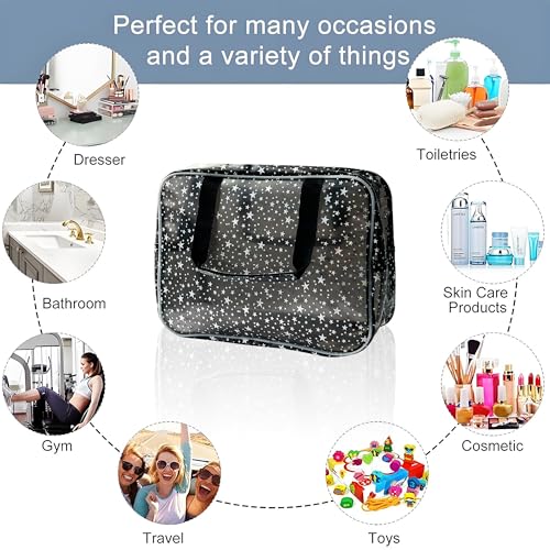 Black Holographic Star Cosmetic Bag for Women 11.8x5.1x8.2 Inches Portable Travel Toiletry Bag with Handles,Durable PVC Material,Zipper Design-Ideal Large Clear Makeup Organizer - color: Gray