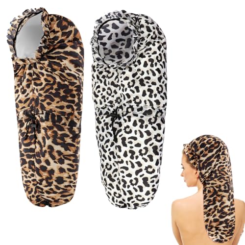 2 Pcs Large Shower Cap for Braids, Extra Long Shower Cap for Women Long Hair & Locs, Waterproof Hair Bonnets for Dreadlocks Drawstring Bath Caps for Women & Men (Leopard, Cow Print) - color: Leopard, Cow Print