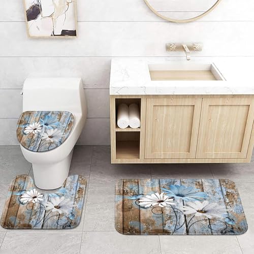 JAWO Farmhouse Floral Flower Bath Mat, Daisy on Rustic Wooden Plank Country Barn Wood Blue Flower Bath Mat Sets, U-Shaped for Bathroom Rugs, Toilet Mats, Non-Slip Shower Mat - color: Blue-01, size: 1'3" x 1'6" (U-Shaped)