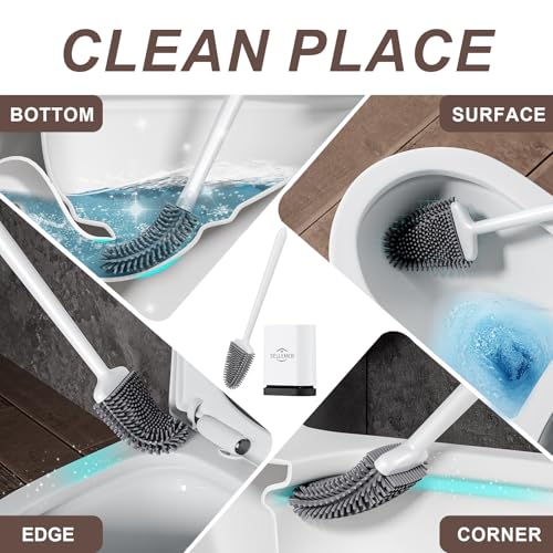Sellemer Toilet Brush and Holder Set - Flexible Toilet Bowl Brush Head with Silicone Bristles, Compact Size for Storage and Organization, Ventilation Slots Base (1 Pack, Pearl White) - color: White