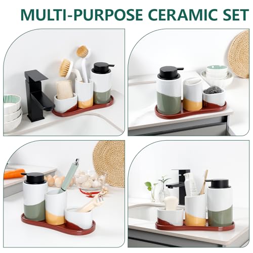 Bosilunlife Ceramic Soap Dispenser Set with Sponge Cup, Brush Cup & Tray | 4-Piece Ceramic Set Includes 12 Oz liquid Soap Dispenser, Sponge Cup, Brush Holder and Tray for Kitchen or Bathroom Counters. - size: liquid Pump