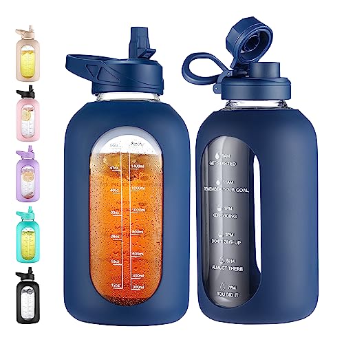 CIVAGO 64 oz Glass Water Bottle Jug with Straw and Handle, Half Gallon Sports Motivational Bottle with Time Marker and 2 Lids, Large Flask Canteen with Silicone Sleeve for Gym, Navy - color: .Navy, size: 64 Ounces