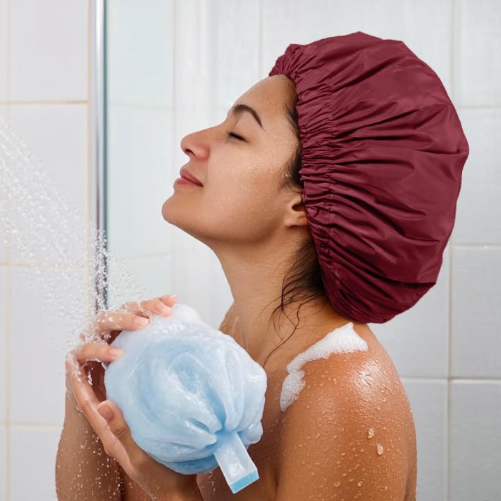 Edoneery Reusable Shower Caps for Women, Waterproof Long Hair Bonnet | Washable Design, Wide Elastic Band, Large Fit, Holds Long Hair, Braids Friendly, Bath Accessories, Spa, Travel - color: Burgundy