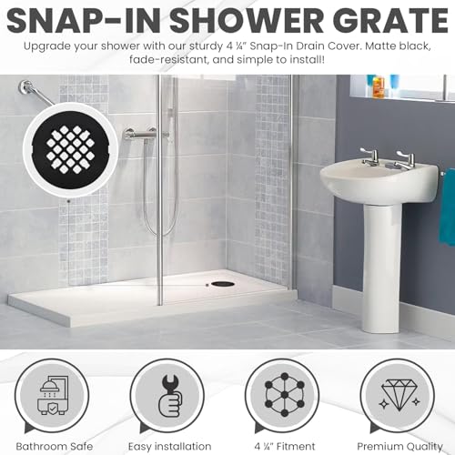 4 ¼” Matte Black Snap-in Shower Drain Cover - Premium Round Black Grate Replacement - 4.25" OD Strainer - Easy Install - Durable Solid Brass Construction - color: Black