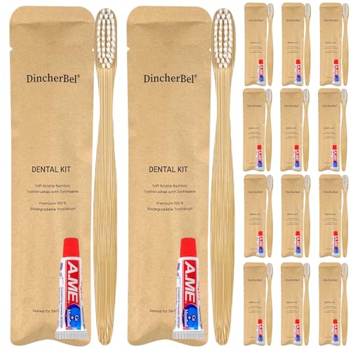 DincherBel Bamboo Toothbrushes Kit Bulk, Disposable Toothbrushes with Toothpaste(6g), Individually Wrapped Toiletries Amenities for Hotel, Airbnb, Homeless, Shelter, Camping and Travel (100 Pack) - style: 100 Pack(Bamboo)