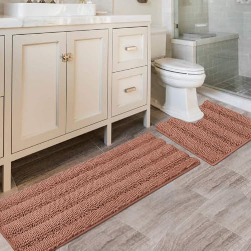 H.VERSAILTEX Bathroom Rugs Bath Rug Set 2 Piece Bathroom Contour Rug Toilet Mat Non Slip Contour Bath Rug Ultra Thick Water Absorbent Striped Bath Mats Washable(47" x 17" Plus 20" x 20" U, Muted Clay) - color: Muted Clay, size: 47" x 17" Plus 20" x 20" U