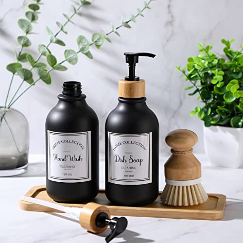 Zopeal 4 Pcs 16 oz Kitchen Soap Dispenser Set with Bamboo Tray and Dish Brush Plastic Soap Dispenser Set with Waterproof Labels for Hand Dish Lotion(Frosted Black) - color: Frosted Black