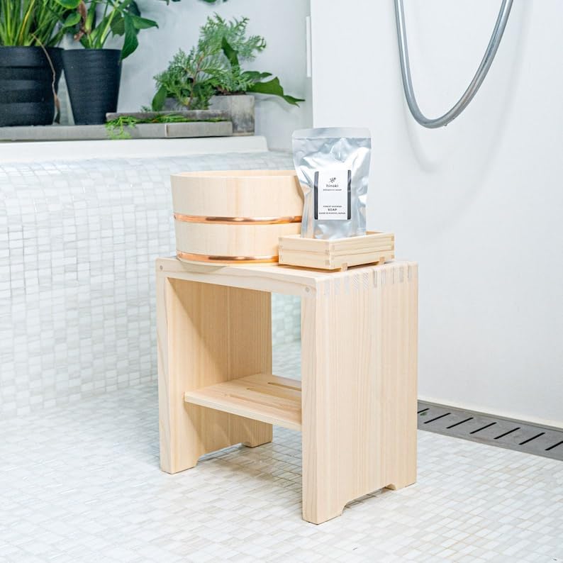 direfly Set of Natural Wooden Bath Stool | Hinoki Handy Bucket | Hinoki soap Dish
