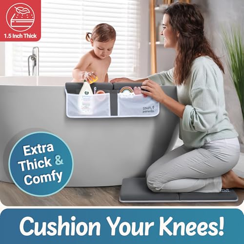 Baby Bath Kneeler and Elbow Rest Pad Set - Quick-Dry, Non-Slip Kneeling Pad for Bathing Toddler, Toy Organizer Pockets, Gift Box, Accessories for Tub, Gray - color: Gray