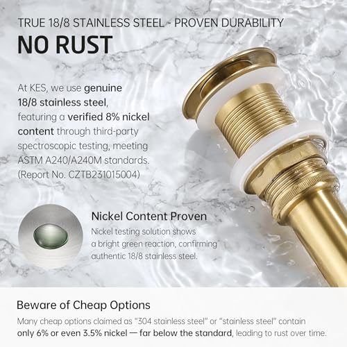 KES Sink Drain Stopper Without Overflow, Pop Up Drain for Bathroom Vessel Sink Brushed Gold 2 Pack, All Metal Rustproof Brass and 304 Stainless Steel, for 1.6"-1.9" Sink Hole, S2008D-BZ-P2 - color: Brushed Gold, style: NO Overflow, 2 Pack