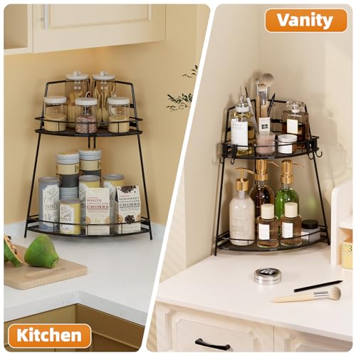 VITVITI 2 Tier Corner Bathroom Counter Organizer, Metal Bathroom Countertop Organizer Shelf Storage, Bath Room Sink Makeup Organizers for Vanity Perfume Skincare with Hooks, Black - color: Black