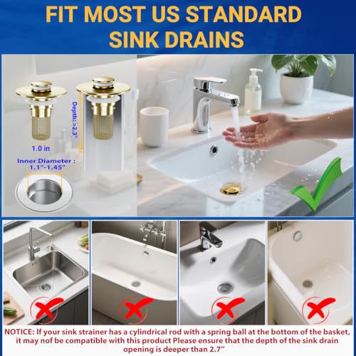 Bathroom Sink Drain Strainer, Pop-Up Bathroom Sink Stopper with Removable Stainless Steel Hair Catcher Basket, Universal Fit for US Bathroom Sinks, Showers & Floor Drains (1pcs-Gold) - color: 1pcs-gold