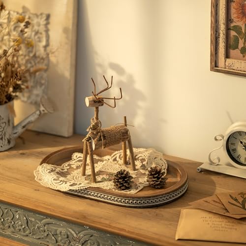 Hanobe Decorative Trays for Coffee Table : Vintage Oval Centerpiece Tray Wood for Farmhouse Dining Table Decor Round Bathroom Tray for Living Room Kitchen Counter - color: Oval Brown